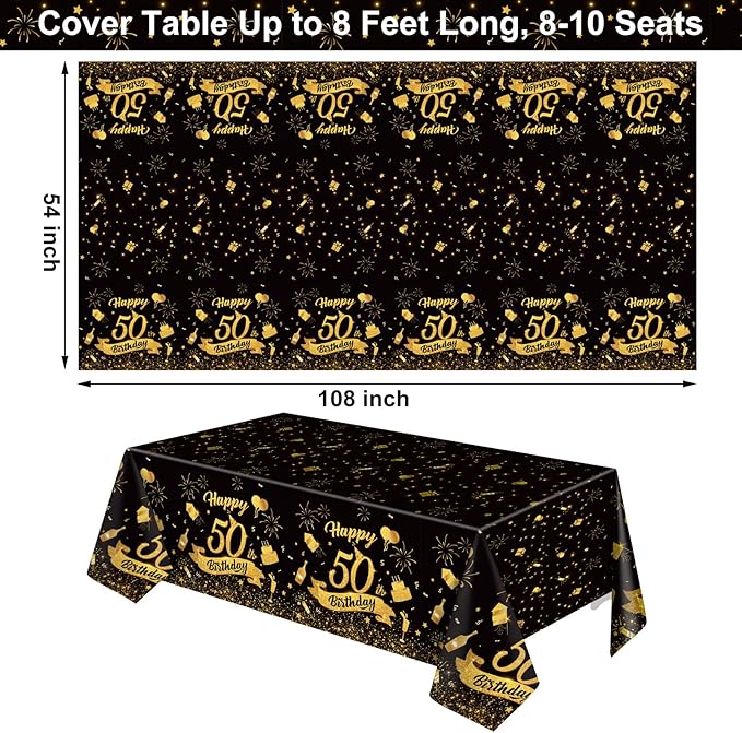 3 Pack 50th Birthday Tablecloth, Plastic Black Gold Table Cloths 50th Birthday Table Cover, Disposable Rectangle Table Cloths for Birthday Party Decorations, 54x108