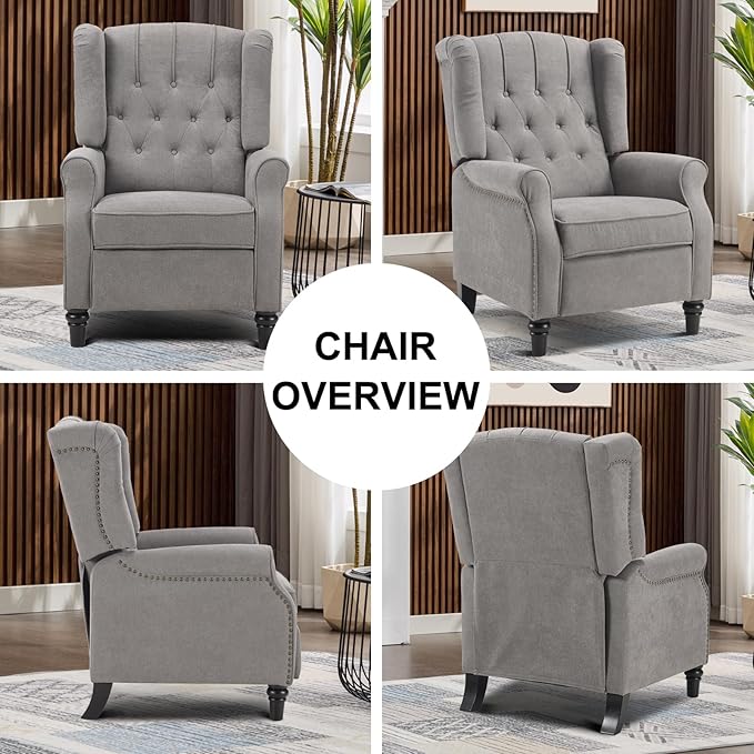 EBELLO Pushback Recliner Chair, Fabric Armchair Push Back Recliner with Rivet Decoration, Mid Century Wingback Accent Chair for Living Room, Bedroom, Grey
