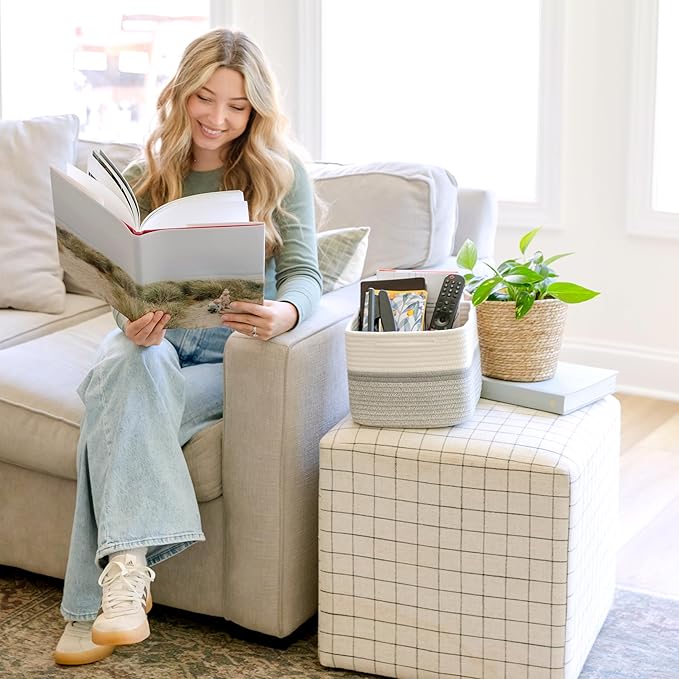 NaturalCozy Storage Cubes 9”x9”x7”Cotton Rope Woven Baskets for Organizing 3-Pack | 9 Inch Cube Storage Bin | Small Basket for Shelf Nursery, Pantry, Decorative Plant, Bathroom Closet, Toy Gift