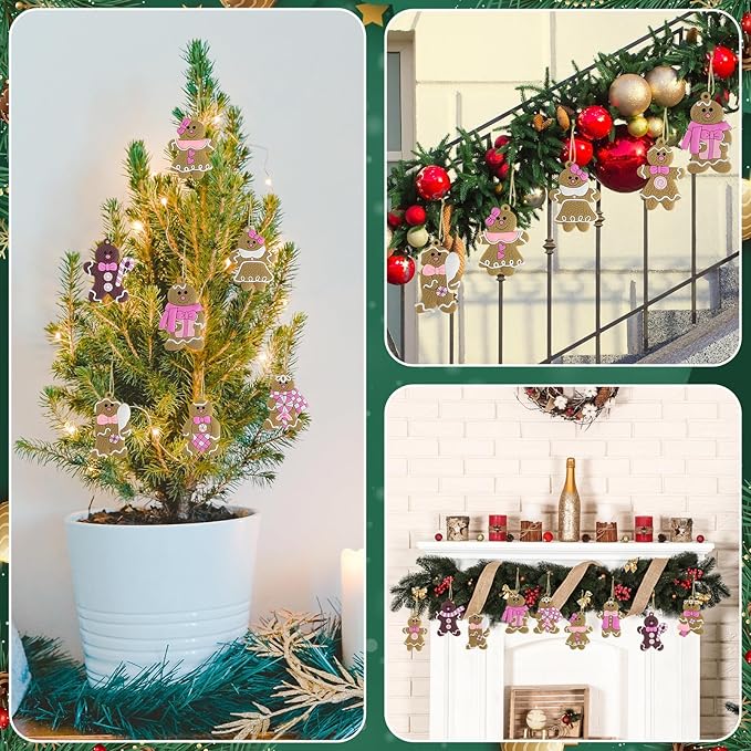 Gingerbread Man Ornaments Christmas Tree Decorations - 24pcs Pink Gingerbread Man Christmas Decorations Hanging Ornaments for Holiday Xmas Tree Home Decor