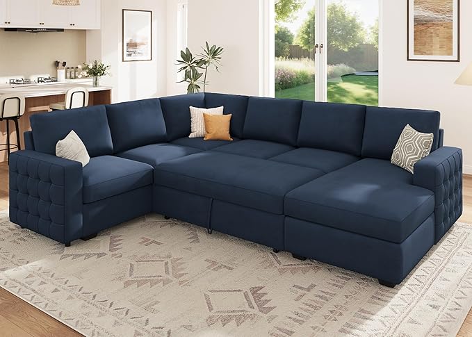 HONBAY Sleeper Velvet Blue Sectional Couch with Pull-Out Bed, Storage Chaise for Living Room