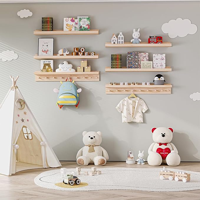 MBYD Wood Wall Shelf With Hooks Floating Shelves for Wall Bathroom Shelves Wall Mounted Nursery Floating Bookshelf for Kids Room Toy Storage Shelf for Bedroom Picture Frames Kitchen (Natural, 36 Inch)