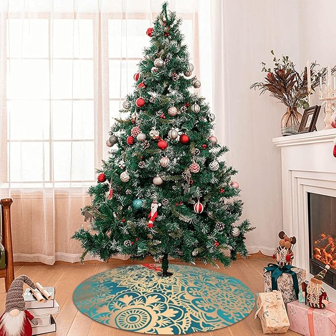 48" Large Christmas Tree Skirt, Elegant Teal Green Mandala Pattern Pattern Tree Mat Base Cover for Xmas Festive Holiday Party Decoration Ornaments