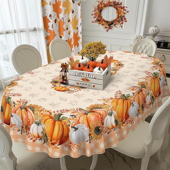 Fall Pumpkin Tablecloth Buffalo Plaid Thanksgiving Autumn Table Cloth 60"x120", Waterproof Fall Table Cover for Fall Harvest Party Decoration-Orange Pumpkin