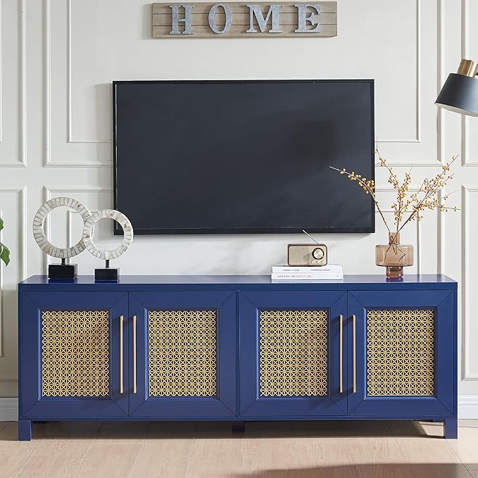 JYED Mid Century Modern TV Stand for TVs up to 75", 69.5" W Blue Entertainment Center with 4 Gold Metal Mesh Doors - Wood Grain MDF TV Console, Media Storage