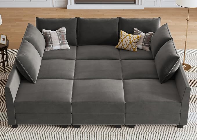 HONBAY Velvet Sectional Sofa Couch with Storage - Modular Sleeper for Living Room, Grey