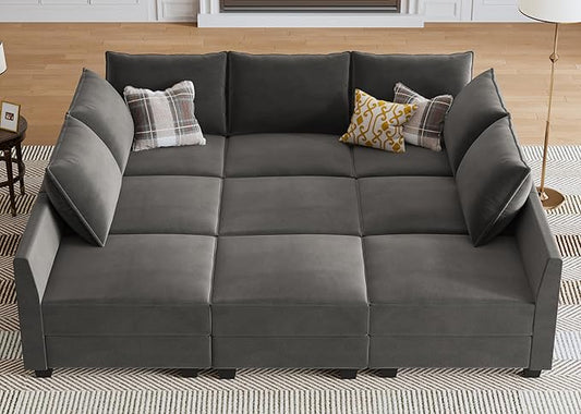 HONBAY Velvet Sectional Sofa Couch with Storage - Modular Sleeper for Living Room, Grey