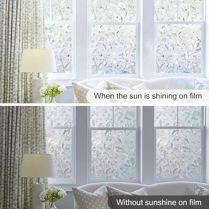 DOWELL Window Privacy Film, 3D Stained Glass Rainbow Films, Decorative Window Vinyl Sun Blocker Door Covering, Static Cling Non-Adhesive Glass Sticker for Home, Blooming Flowers, 23.6"x118.1"