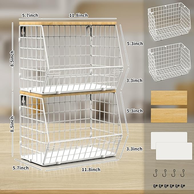 Fruit Basket, 2-Tier Fruit Bowl for Kitchen Counter, Stackable Wall Mounted Fruit Storage, Snack Organizer, Potato and Onion Storage Basket, Hanging Pantry Storage with Wood Lid, 2 Set, White
