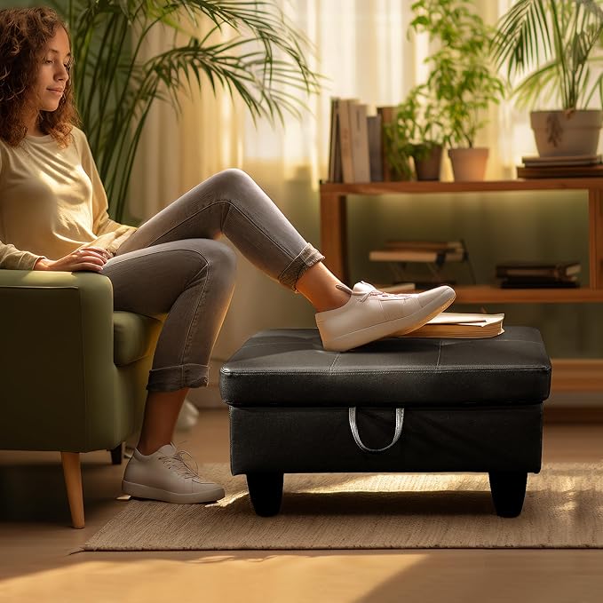 Ottoman Rectangular Storage Ottoman Bench, Faux Leather Footrest, Coffee Table, Stool Footstool with Hinged Lid for Living Room, Bedroom, Entryway, Black, 28.5"x19"x17.5"