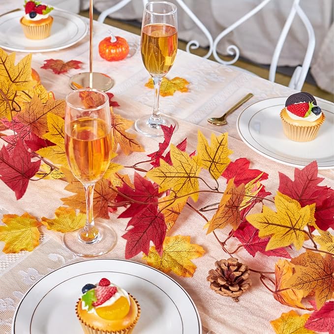 Fall Party Decorations, 9 Pcs Fall Paper Fans, 100 Pcs Artificial Maple Leaves and Fall Leaves Garland, Orange, Red, Ivory Colors for Thanksgiving, Harvest, Fall Wedding, Home Decor