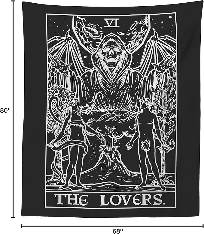 The Lovers Tarot Card Tapestry (Black & White) - Grim Reaper - Gothic Couple Halloween Home Decor Wall Hanging (80" x 68")