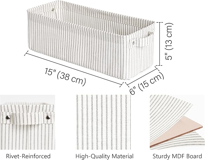 StorageWorks Narrow Storage Bins, Small Basket for Closet and Shelves, Fabric Organizer with Handles, Toilet Paper Storage, Gray and White Stripes, 2-Pack