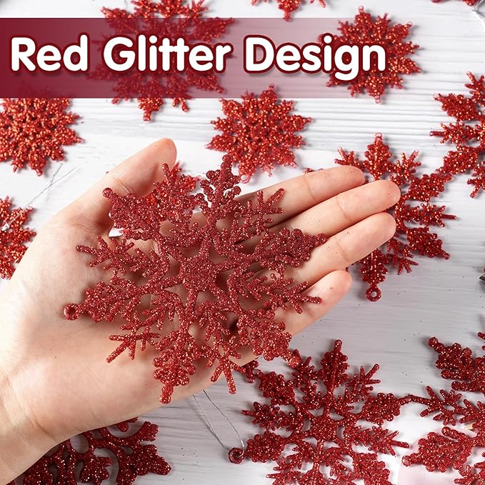 36pcs Red Christmas Snowflake Ornaments, Plastic Glitter Hanging Snow Flakes for Christmas Tree Decorations Winter Wonderland Frozen Birthday Party Holiday Home Decor Craft Snowflakes