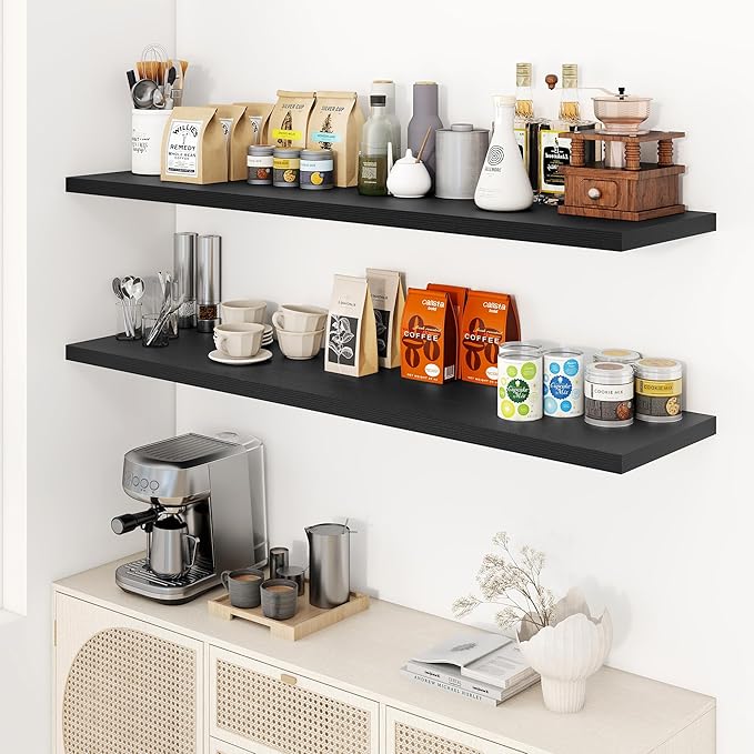 55" Floating Shelves for Wall, 12" Deep Slim Black Floating Shelves, Wall-Mounted Shelves for Bedroom, Living Room, Kitchen, Bathroom - Set of 2