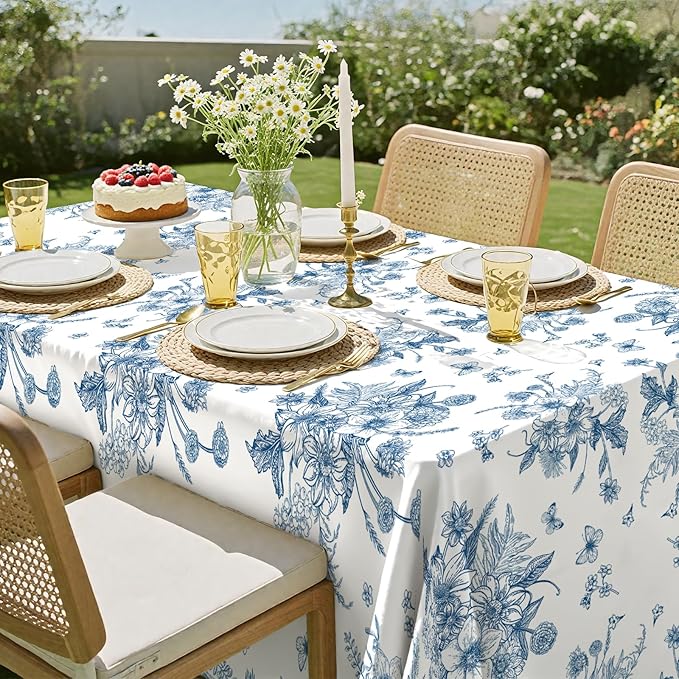 3 Pack Blue Floral Plastic Tablecloths, 54 X 108Inch Tea Party Tablecloth Disposable Vintage Table Cloths Blue and White Porcelain Tables Decor for Birthday Garden Wedding Tea Party Supplies