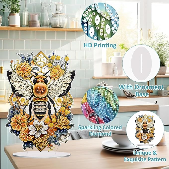 Diamond Painting Kits for Adults Beginners, 5D Full Drill Bee Crystal Art Desktop Ornament, DIY Single Sided Home Office Desk Decor, Creative Craft Gift Set with Tools