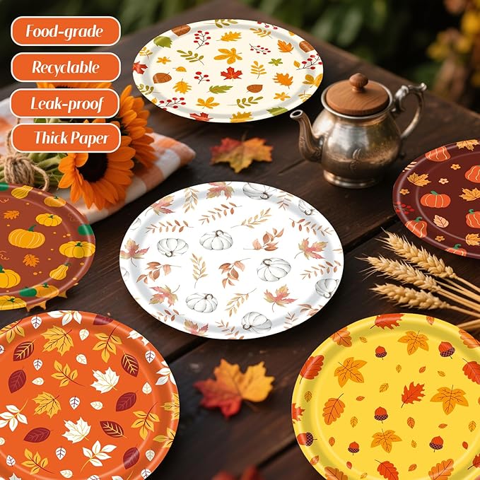 48 PCS Fall Paper Plates 7 inch, Leaves Pumpkin Thanksgiving Party Plates Disposable Cake Dessert Plate for Autumn Theme Party Decorations (Fall)