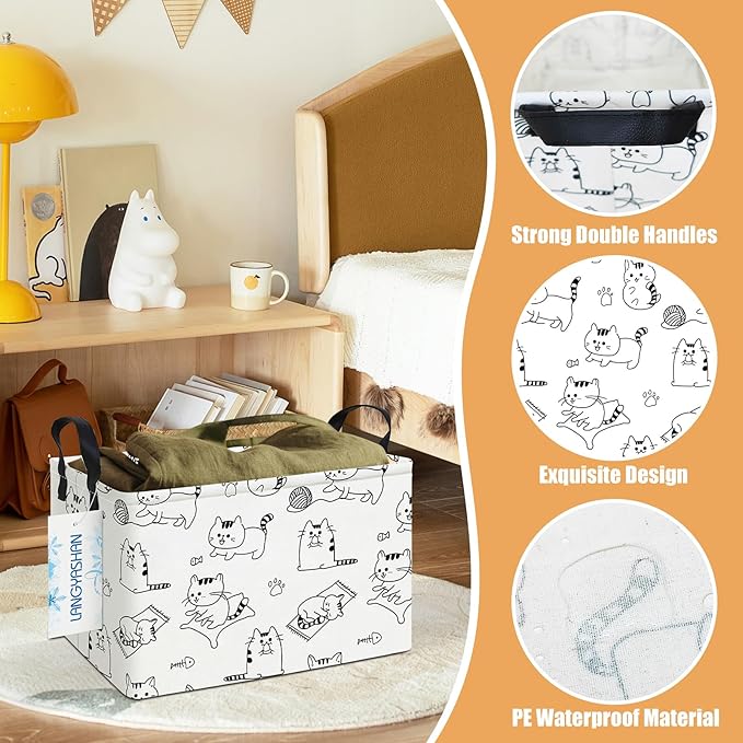 LANGYASHAN Rectangular Storage Bin Collapse Canvas Fabric Cartoon Storage Basket with Handles for Organizing Home Kitchen Boys and Girls Toys Office Closet Shelf Baskets (Rec Cat)
