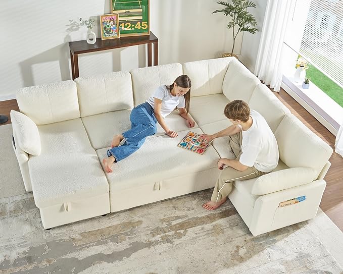 VanAcc Pull Out Sofa, 112 Inch Oversized U Shape Sleeper Sofa Couch with Storage Chaise & 3 Seater, Comfy Couch with Pull Out Bed for Living Room, White Boucle