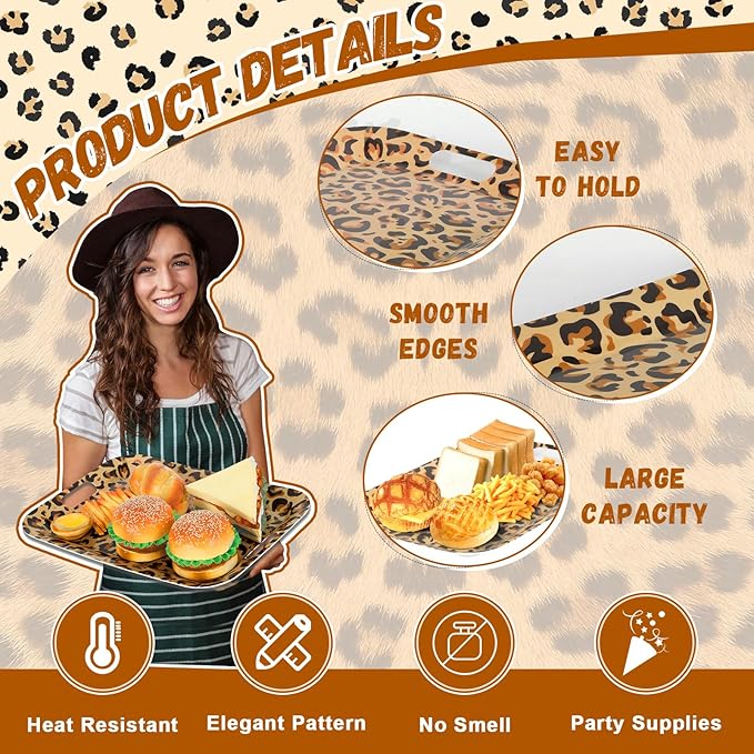 gisgfim 2Pcs Leopard Serving Trays 16.1 X 11.1 Inch Large Melamine Serving Platters with Handles, Leopard Print Food Trays Serving Dishes Snacks Dessert Plates for Cheetah Birthday Party Decorations