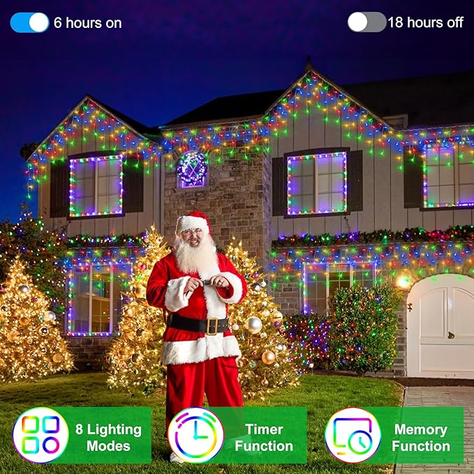 792 LED Christma Lights with 176 Drops, 82ft Outdoor Hanging lights with 8 Modes & Timer Memory, Outsite Waterproof Curtain String Lights for Front House Fence Tree Holiday Decorations Multicolor