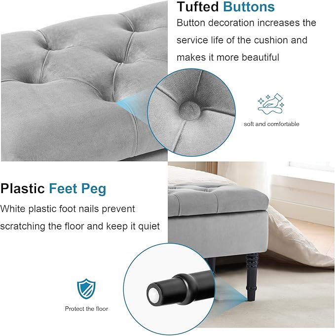 Ottoman with Storage Velvet Storage Bench Holds Up to 500 lbs Ottomans Upholstered Bench with Seating for Bedroom, Living Room, Grey