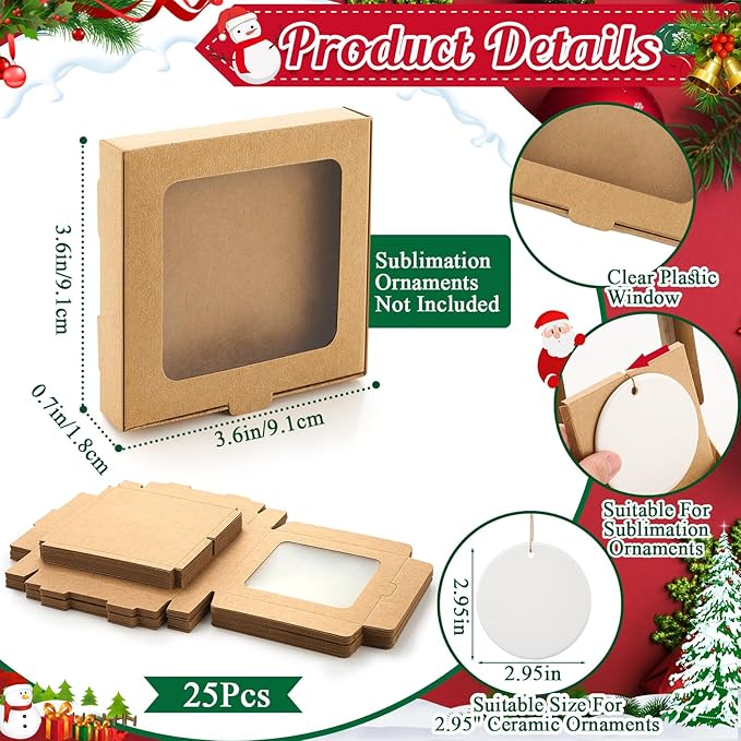 25 Pcs Sublimation Ornament Blanks Box 3.6"x3.6"x0.7" Christmas Ornaments Holder Ceramic Discs Packaging Box with Window for Personalized Xmas Tree Blanks Bulk (Kraft Paper)