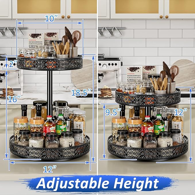 Lazy Susan Organizer 2 Tier - Turntable Spice Rack 12 inch Adjustable Metal Rotating Lazy Susan for Cabinet Pantry Kitchen Countertop Dining Table Cupboard Bathroom Vanity Storage Black