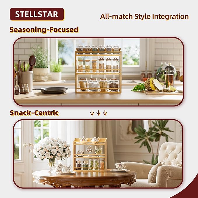 Spice Rack Wall Mounted, Spice Organizer for Counter, Bamboo Spice Storage Holder for Kitchen Cabinet, Pantry (Spice Jars Not Included, Natural)