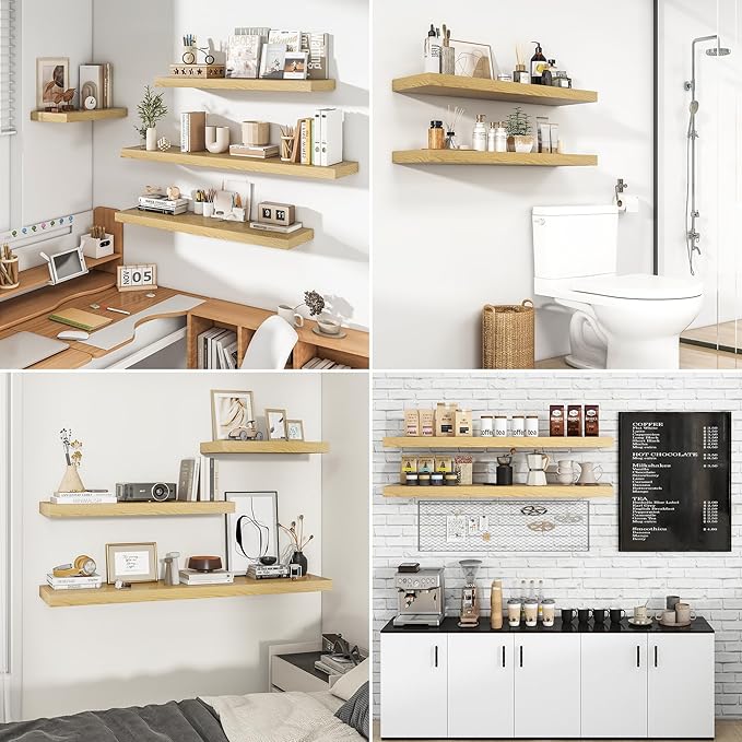 RICHFOCUS 72Inch Floating Shelves for Wall 1 Pack Shelves for Bedroom|Kitchen|Bathroom Wall Mounted Rustic Wood Floating Shelf with Invisible Brackets for Books|Storage|Decor, Oak