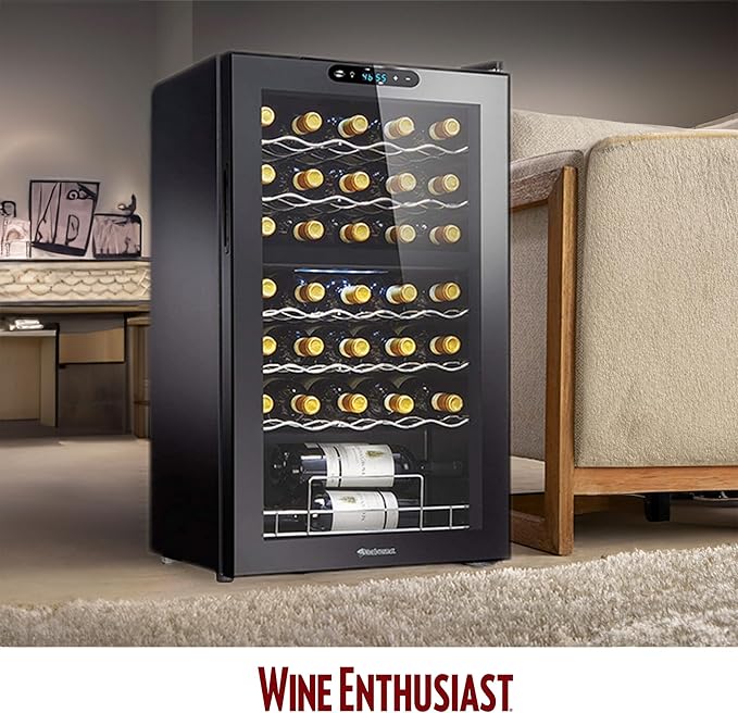 Wine Enthusiast 32-Bottle Dual Zone MAX Compressor Wine Cooler – Freestanding Mini Fridge with Digital Touchscreen, LED Display, Split Storage for Red & White Wines, Matte Black Refrigerator Home Bar