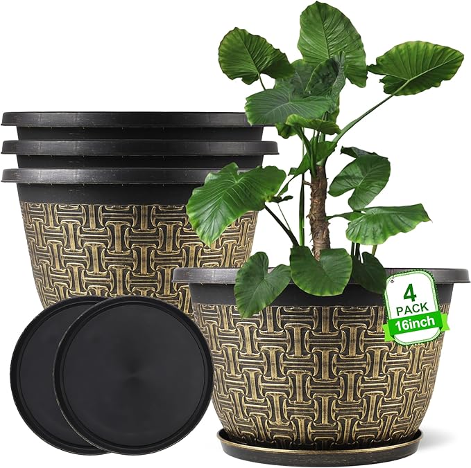 4 Pack 16 Inch Planter,Large Plastic Flower Pots Outdoor Indoor with Drainage Holes & Trays, Retro Antique Imitation Decorative Garden Plant Pots Outdoor for Houseplants