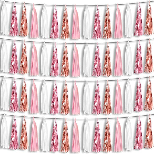 4P Pink White Peach Rose Gold Tassels Party Tassel Garland Banner, Tassels Banner Streamers for Parade Floats, Bachelorette, Wedding, Birthday, Christmas, Bridal/Baby Shower Party Decorations