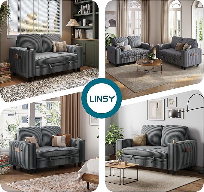 LINSY HOME Loveseat Sofa with Storage - Comfy Plush Corduroy 2 Seater Sofa with USB Charging & Cup Holders, Deep Seat Love Seat for Small Spaces Living Room Bedroom Apartment, Grey