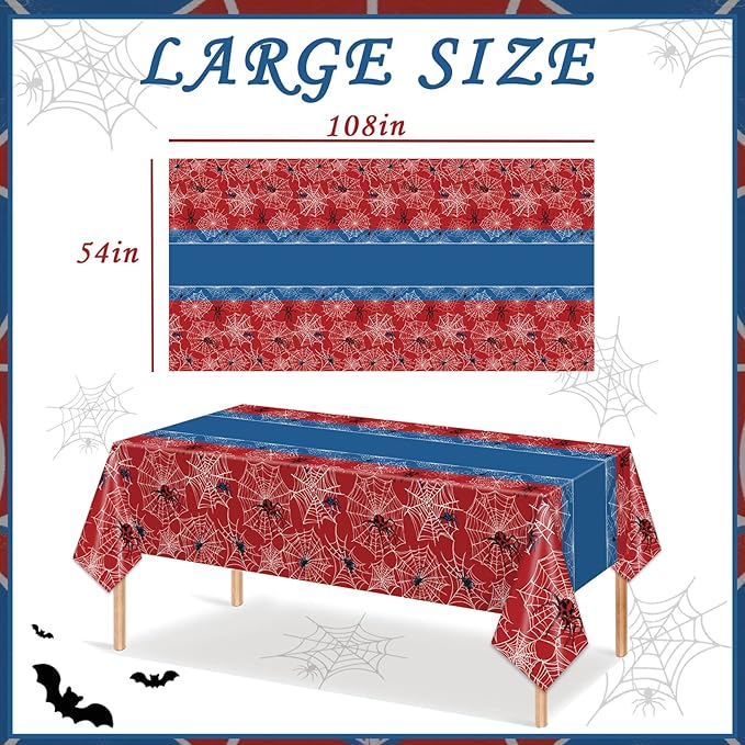 3 Pcs Spider Birthday Party Tablecloth 54 x 108 inch Plastic Table Cloth Disposable Red and Blue Tablecloth Rectangle Table Cover for Spider Birthday Party Decorations Halloween Supplies