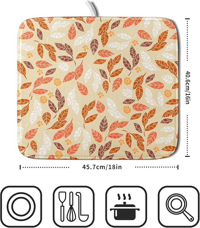 Fall Leaves Dish Drying Mat for Kitchen Counter Autumn Orange White Leaves Seasonal Super Absorbent Reversible Microfiber Kitchen Countertop Protector Dishes Pad Small 16x18 inch