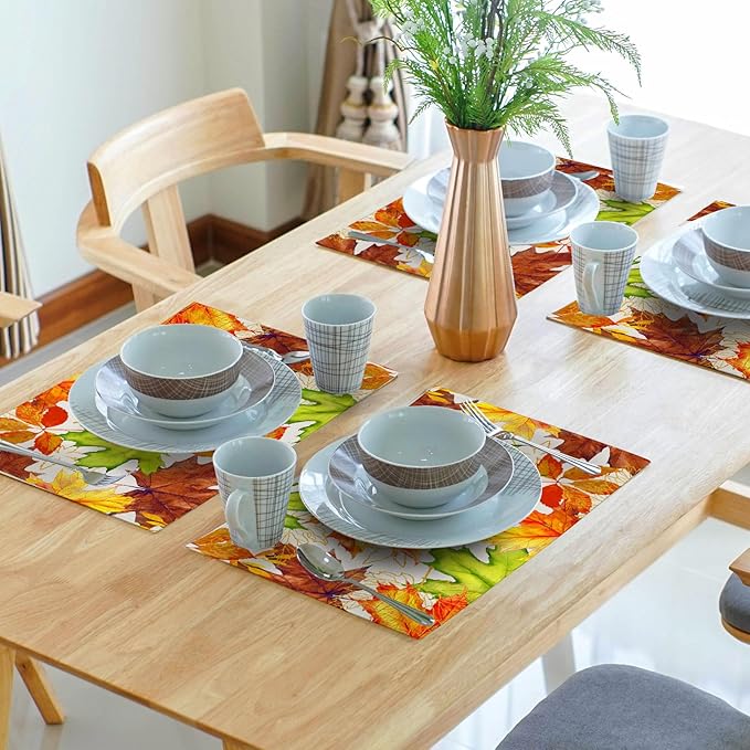 Fall Placemats Set of 4 Autumn Thanksgiving Maple Leaf Place Mats 12x18 Inch Seasonal Rustic Harvest Washable Table Mats for Party Kitchen Dining Decoration