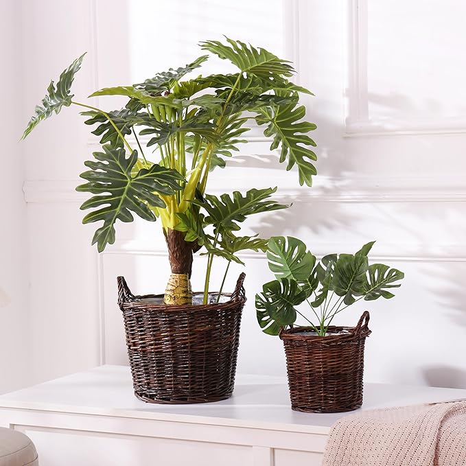 Handwoven Wicker Planter Basket with Waterproof Liner – Natural Yellow Decorative Flower Pot Holder for Indoor Use - Small Size (Inner Top Ø 7", Inner Height 5.9")