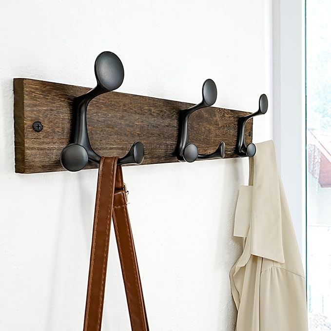 SKOLOO 17-Inch Wood Burnt Coat Rack Wall Mount with 3 Triple Hooks - Ideal for Family Entrances, Classrooms, and Pet Supplies Storage - Perfect Coat Hooks for Wall