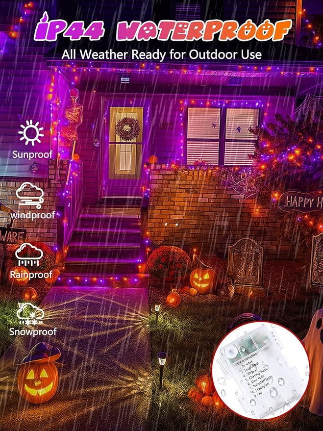 2 Pack Halloween String Lights Battery Operated with Timer, 66FT 200 LED Waterproof Orange and Purple Lights, Twinkle Fairy Light with 8 Modes for Indoor & Outdoor Party Bedroom Halloween Decorations