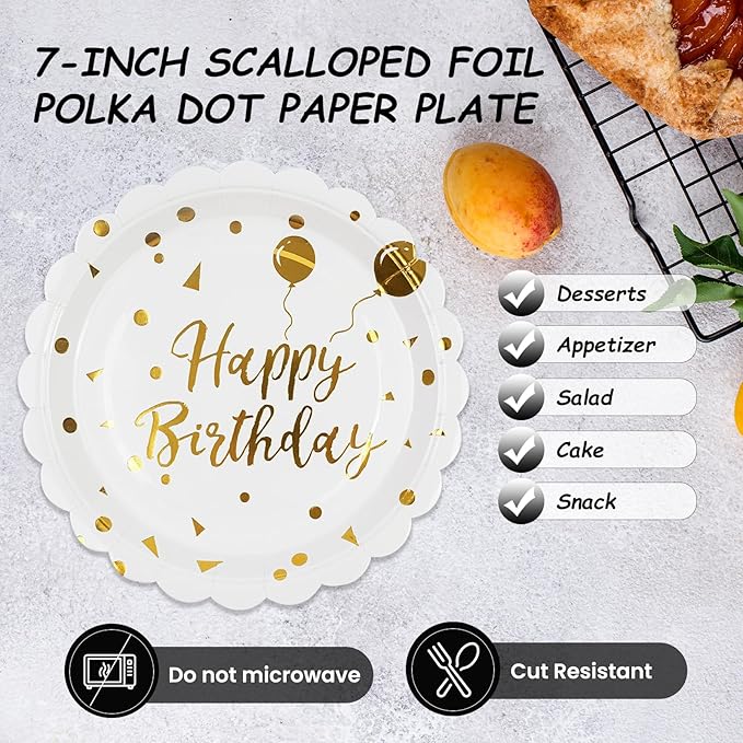 50PCS Happy Birthday Paper Plates - 7 Inch Birthday Cake Plates Scalloped White and Gold Dessert Plate Disposable Decorative Party Tableware Decorations for Birthday's Party Supplies