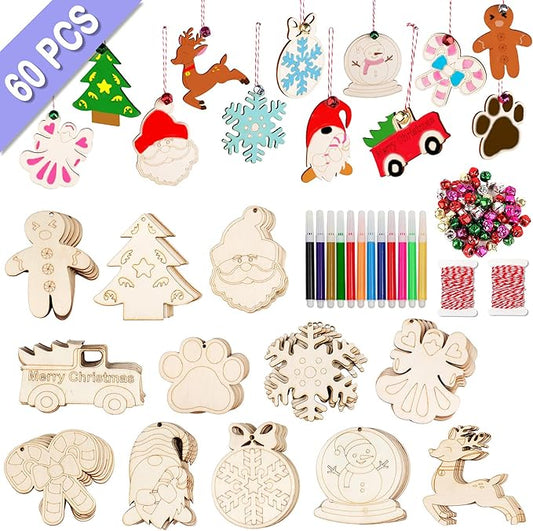 GUDELAK 60PCS DIY Wooden Christmas Ornaments, 12 Styles Christmas Crafts for Kids Adults with Ropes, 60 Bells and 12 Colored Pens, Unfinished Wood Ornaments Making Kit for Christmas Tree Decorations