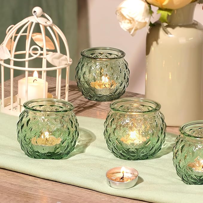 Green Votive Candle Holders Set of 24- Round Glass Candle Holders Bulk for Flameless LED Tea Waxes, Candle Holder for Wedding Shower & Home Table Decor, Various Parties