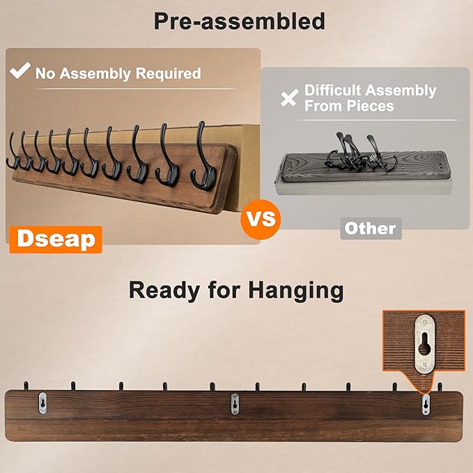 Dseap Coat Rack Wall: 38-1/4" Long, Patented, Heavy-Duty, 10-Double-Hooks Wooden Wall Mounted Coat Rack Coat Hanger Hook Rail for Winter Coats Hat Jacket Clothing, Light Brown