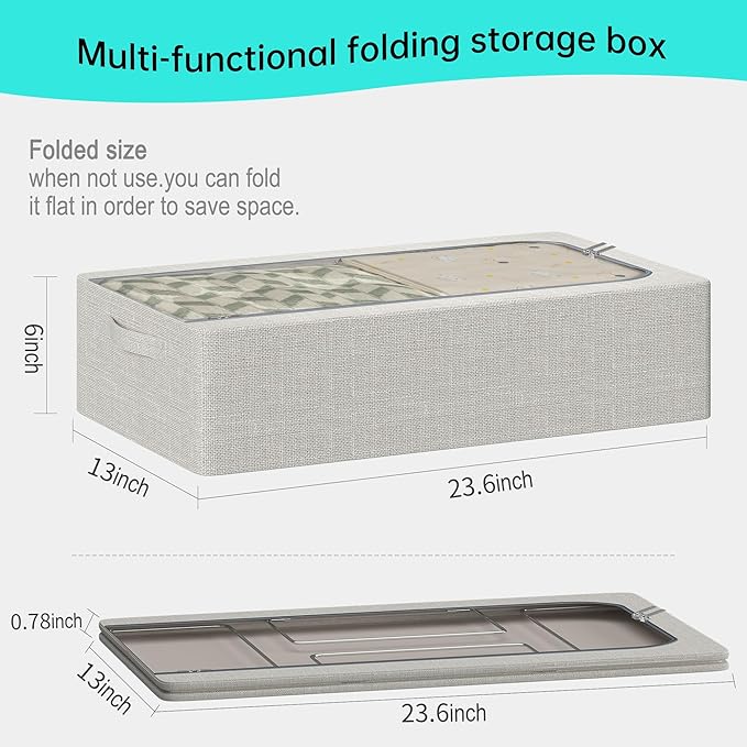 3PCS Under Bed Storage Bins with Metal Frame, Linen Fabric Frame Storage Box Clothes Organizer Bins, Underbed Container with Clear Window (Light Grey, 23.6 x 13 x 6IN)