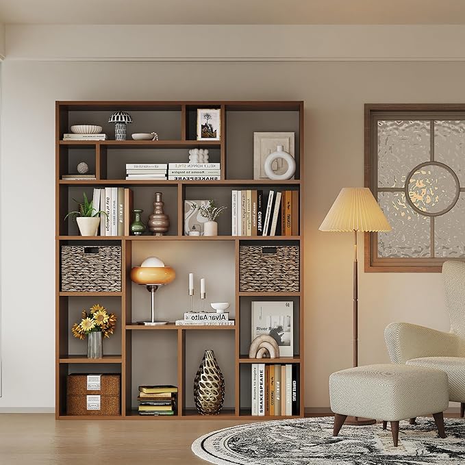 6-Tier Large Open Bookcase 71” Tall Sturdy Wooden Bookshelf with Baskets,Modern Style 16-Cube Home Display Shelf for Bedroom, Living Room（Oak Color）