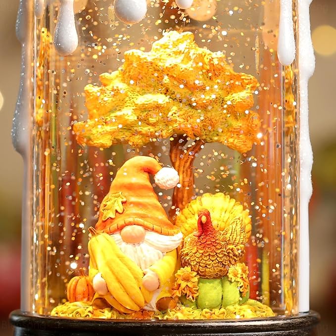 Fall Snow Globe Candle Fall Decorations for Home with Timer Gnome Turkey Pumpkin Autumn Harvest Fall Decor Indoor 9.7 inch
