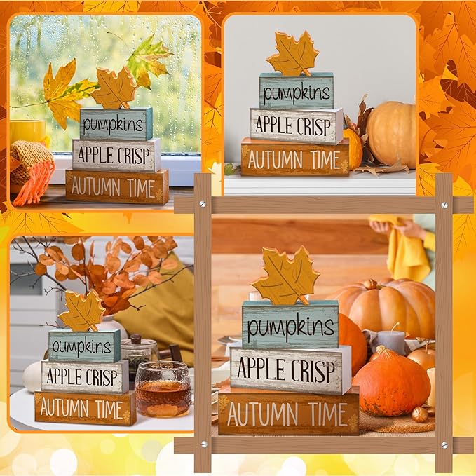 4 Pcs Fall Decoration for Home Wooden Maple Leaf Fall Tiered Tray Decor Thanksgiving Centerpiece Rustic Decorative Maple Leaf Block Signs Gift Farmhouse Autumn Decoration for Home Kitchen