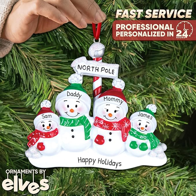 3D Snowman Family of 4 Christmas Ornament 2025 Personalized Family Christmas Ornaments 2025 | Winter Holiday Snowmen Personalized Tree Ornaments Customizable Gifts for Snow People of Four Ornament